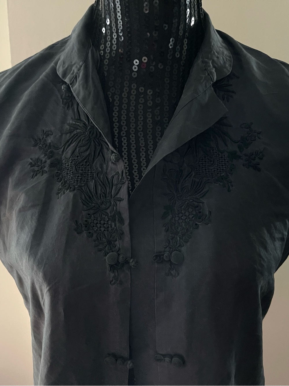 Black Silk Embroidered Short Sleeve Blouse - Picture 2 of 9